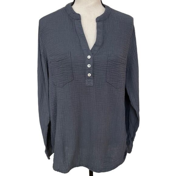 MOTE Crepe V-Neck Tunic Blouse cotton gray/blue top size XXL. - Picture 1 of 6